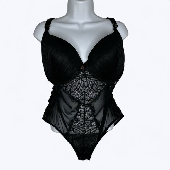 Daisy Fuentes Sexy Lingerie Bodysuit Size 1X Black One Piece Lace Mesh Padded - Picture 1 of 16